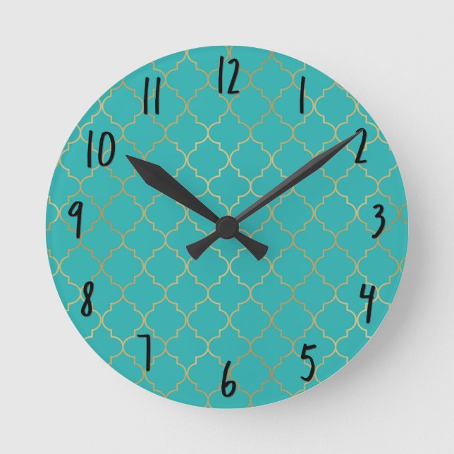 Horloge Ronde Motif Quatrefoil turquoise et Gold (Recto)