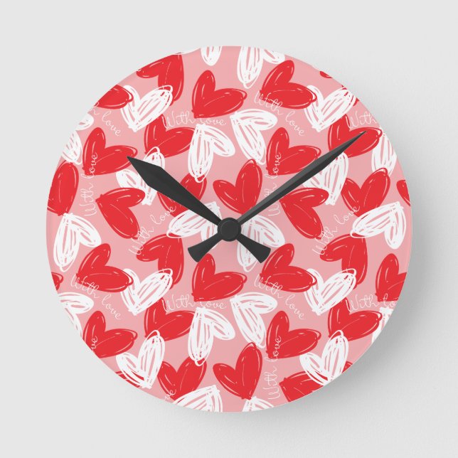 Horloge Ronde Motif rouge et blanc moderne mignon de coeurs (Recto)