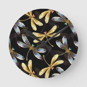 Horloge Ronde Motif sans couture avec libellules d'or