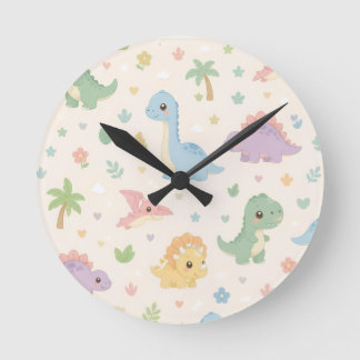 Horloge Ronde Motif sans couture de dinosaure bébé mignon pastel