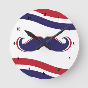 Horloge Ronde Moustache - rouge, blanc et bleu