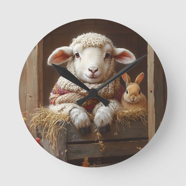 Horloge Ronde Moutons et lapin douillets en Grange avec Fleurs (Recto)