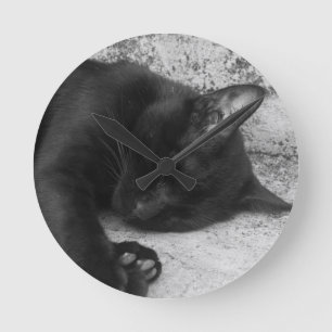 Horloge Ronde N&B - Chat endormi