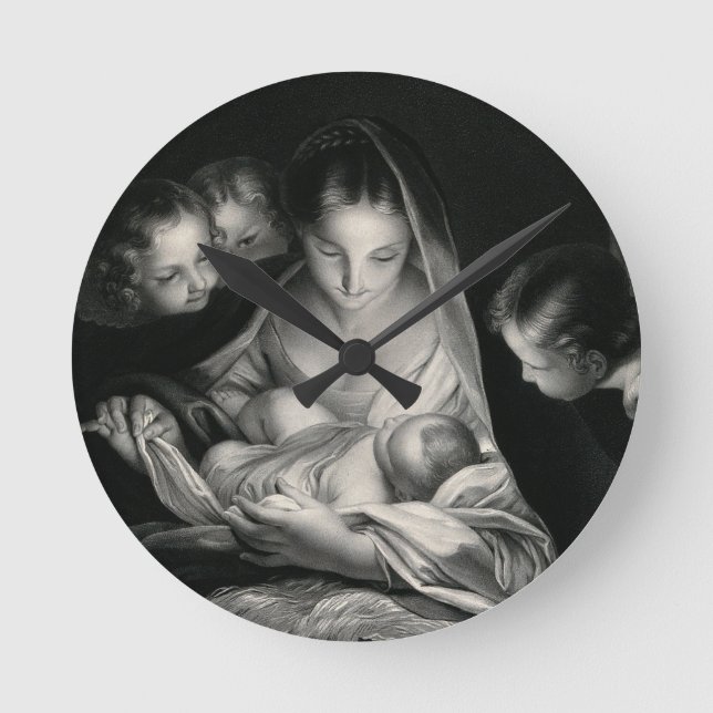 Horloge Ronde Nativité Bébé Jésus Vierge Marie Anges Blanc noir (Recto)