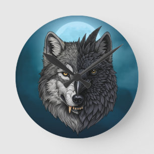 Horloge Ronde Nature sauvage Lune Corbeau de loup