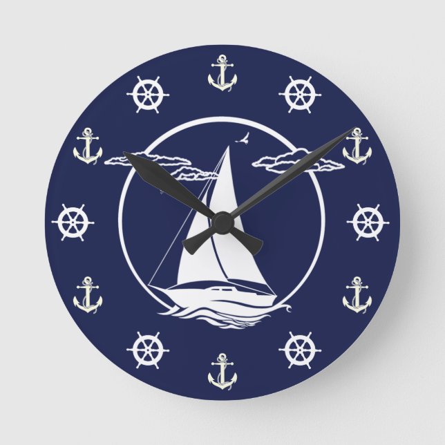 Horloge Ronde Nautical blanc sailboat/anchor/wheel silhouette (Recto)