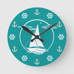 Horloge Ronde Nautical blanc sailboat/anchor/wheel silhouette
