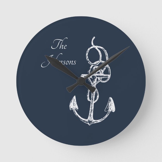 Horloge Ronde Nautical Navy Custom Nom de famille Ancre Trivet (Recto)