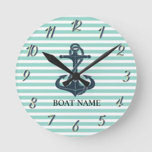 Horloge Ronde Nautique,Ancre,Rayes Vert Menthe