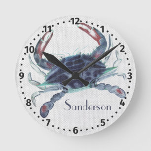 Horloge Ronde Navy blue crab watercolor nautical coastal