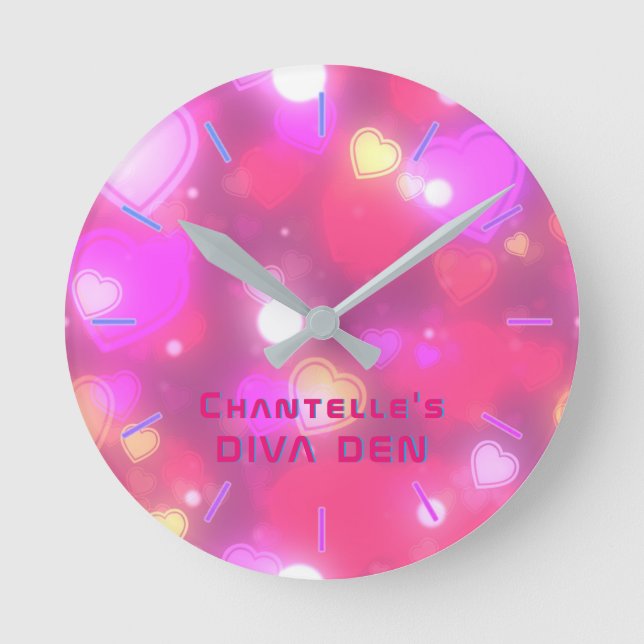 Horloge Ronde NEON DIVA DEN - Coeurs roses Filles Personnalisées (Recto)