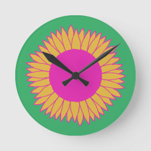 Horloge Ronde Neon Pink et Orange sur le tournesol vert