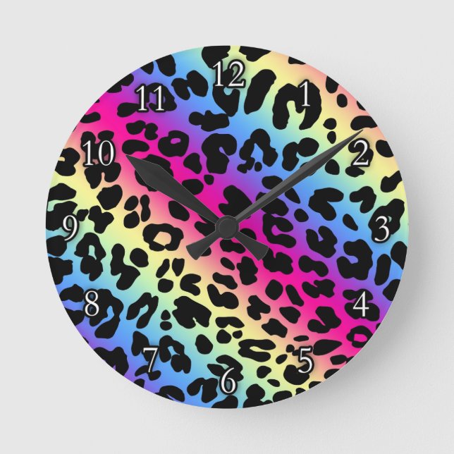Horloge Ronde Neon Rainbow Leopard Motif Imprimer (Recto)