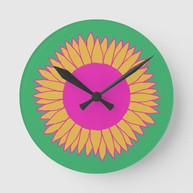 Horloge Ronde Neon rose et orange sur tournesol vert (Recto)