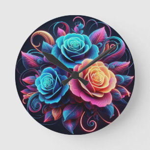 Horloge Ronde Neon Roses