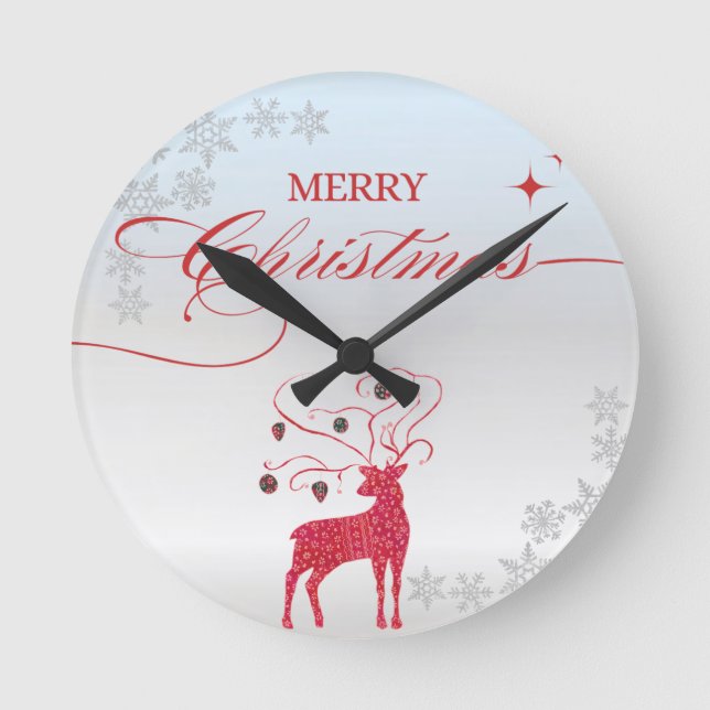 Horloge Ronde Noël aux flocons d'argent Red Reindeer (Recto)