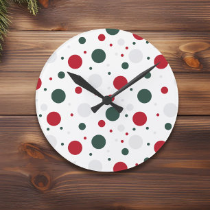 Horloge Ronde Noël festif rouge et vert à pois