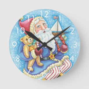 Horloge Ronde Noël mignon, le Père Noël sur Snowball avec jouets