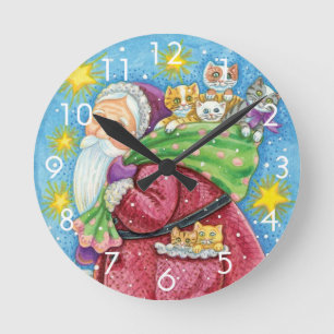 Horloge Ronde Noël mignon, Père Noël avec chatons et chats !