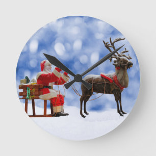 Horloge Ronde Noël Père Noël Reindeder dormant neige