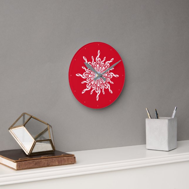 Horloge Ronde Noël Rouge ornemental Treble Clé Flocon de neige (Bureau)