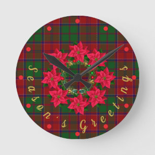 Horloge Ronde Noël Tartan Poinsettia rouge