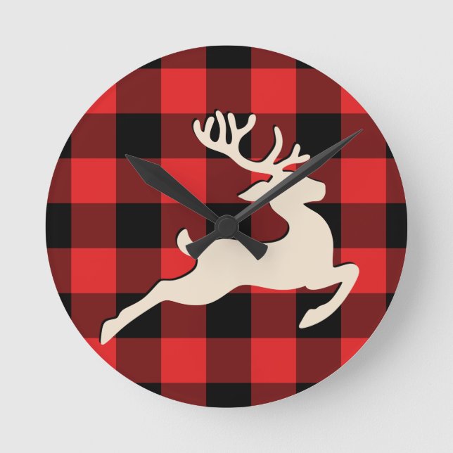 Horloge Ronde Noël Vacances Cerfs Antlers Rouge Noir En vichy (Recto)