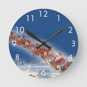 Horloge Ronde Noël Vintage, Père Noël Flying Sleigh w Reindeer
