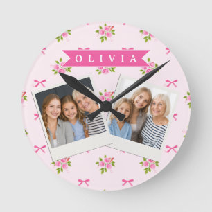 Horloge Ronde Nœud Floral Féminin Coquette Rose Personnalisé
