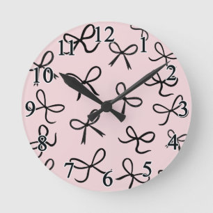 Horloge Ronde Nœuds Noirs Mignons et Tendance Rose