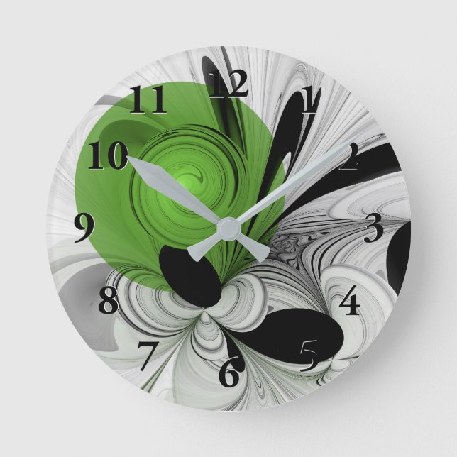 Horloge Ronde Noir Abstrait et blanc avec art fractal vert (Recto)