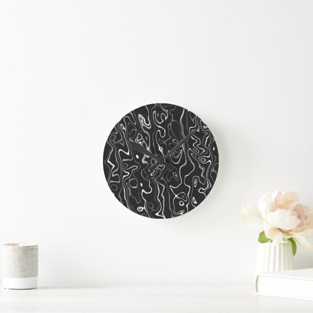 Horloge Ronde Noir blanc gris damas abstraits tourbillons (Maison)