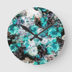 Horloge Ronde Noir blanc turquoise de turquoise florale