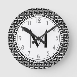 Horloge Ronde Noir  Monogramme de l'Motif de la clé grecque bla