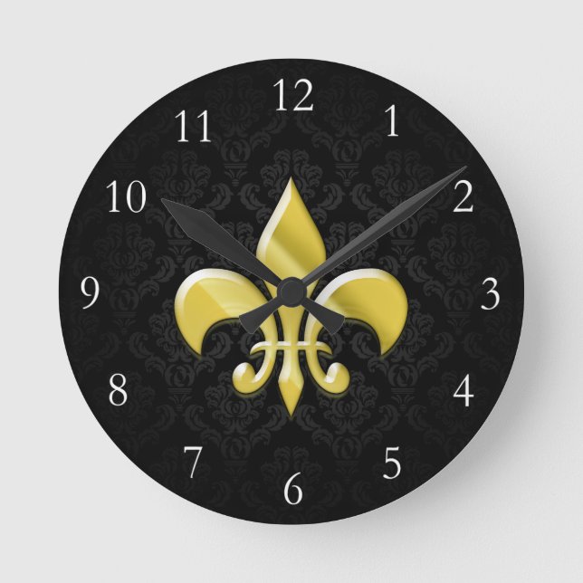 Horloge Ronde Noir/or Damask Fleur de Lis (Recto)