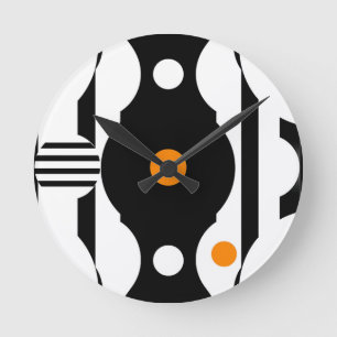 Horloge Ronde Noir Orange Rétro Mod Géométrique
