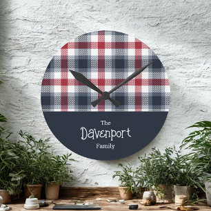 Horloge Ronde Nom de famille blanc et bleu Tartan