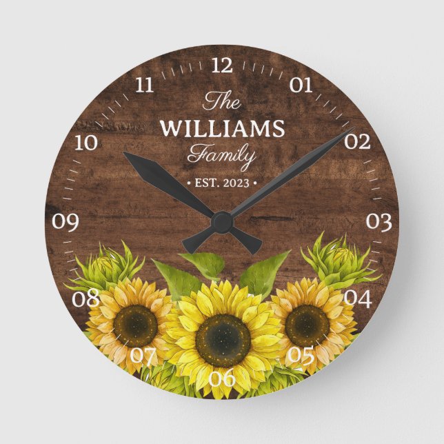 Horloge Ronde Nom de famille du tournesol et du bois rustiques (Recto)
