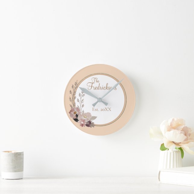 Horloge Ronde Nom de famille élégant Aquarelle Floral (Maison)