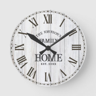 Horloge Ronde Nom de famille en bois rustique blanc