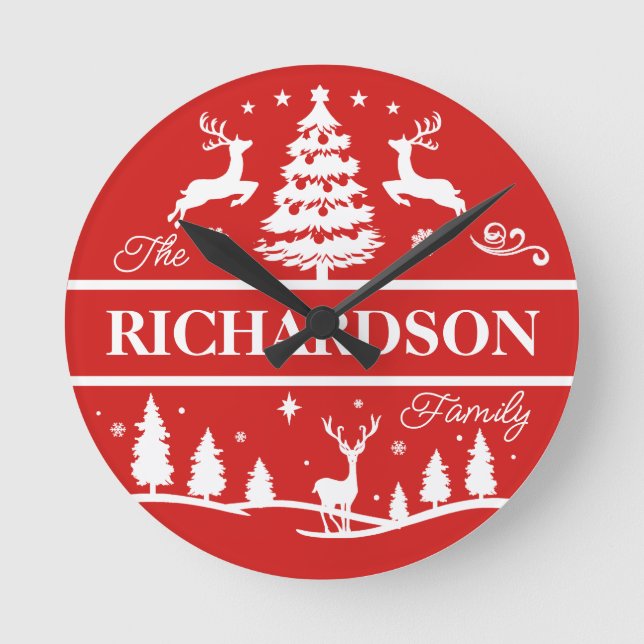 Horloge Ronde Nom de famille personnalisé de Noël rouge | Vacanc (Recto)