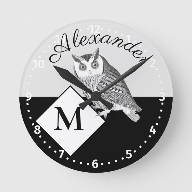 Horloge Ronde Nom du monogramme gris de Chouette noire et blanch (Recto)