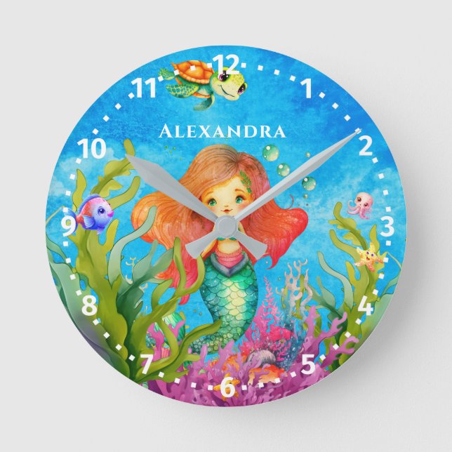 Horloge Ronde Nom du monogramme mignon Sirène et tortues (Recto)