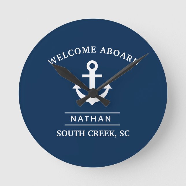 Horloge Ronde Nom du monogramme personnalisé Marine Blue Welcome (Recto)