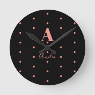 Horloge Ronde Nom du monogramme Rose noir Pois or