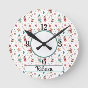 Horloge Ronde Nom, Motif de bonbons de bonhomme de neige en acry