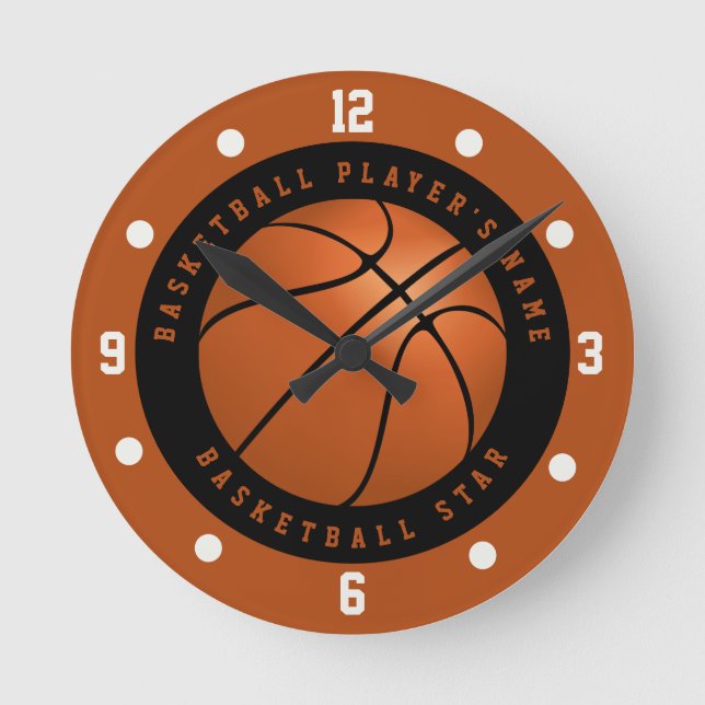 Horloge Ronde Nom personnalisé Basketball noir et orange (Recto)