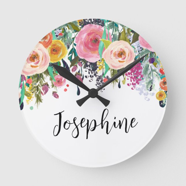 Horloge Ronde Nom personnalisé Boho Floral Bedroom Nursery Art (Recto)