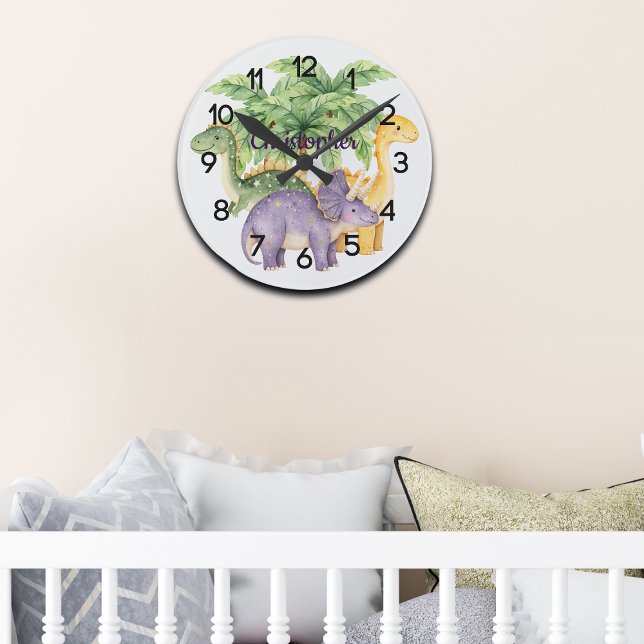 Horloge Ronde Nom personnalisé Dinosaures Palm Trees Nursery (Créateur téléchargé)