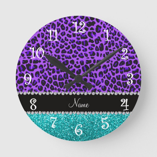 Horloge Ronde Nom personnalisé leopard violet parties scintillan (Recto)